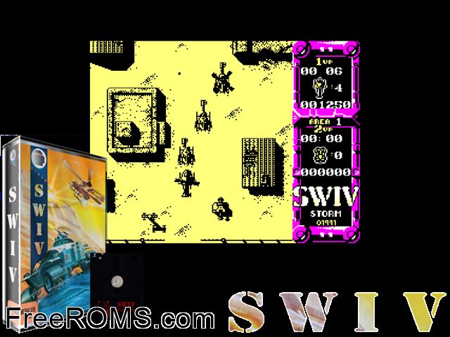 SWIV (UK) (1991) [h2] Amstrad CPC game showing 3D box cover and gameplay screenshot